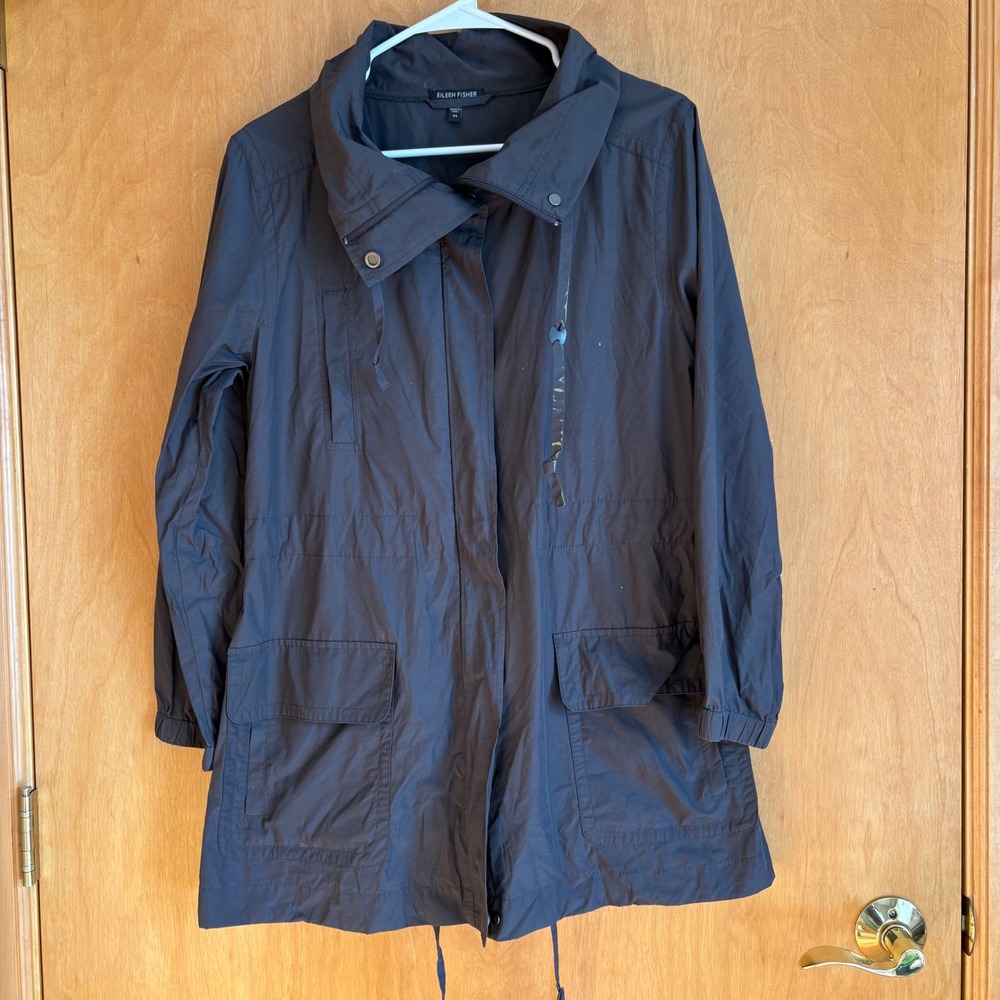Eileen Fisher Charcoal Gray Lightweight Drawstring Hooded Anorak Jacket XS‎